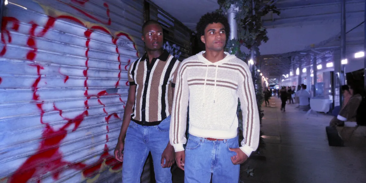 Two men in CPW Men knit shirts on a New York street