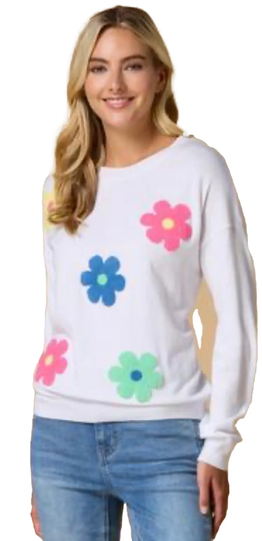 A Ninety Clothing Co. white sweater with colorful flower appliques